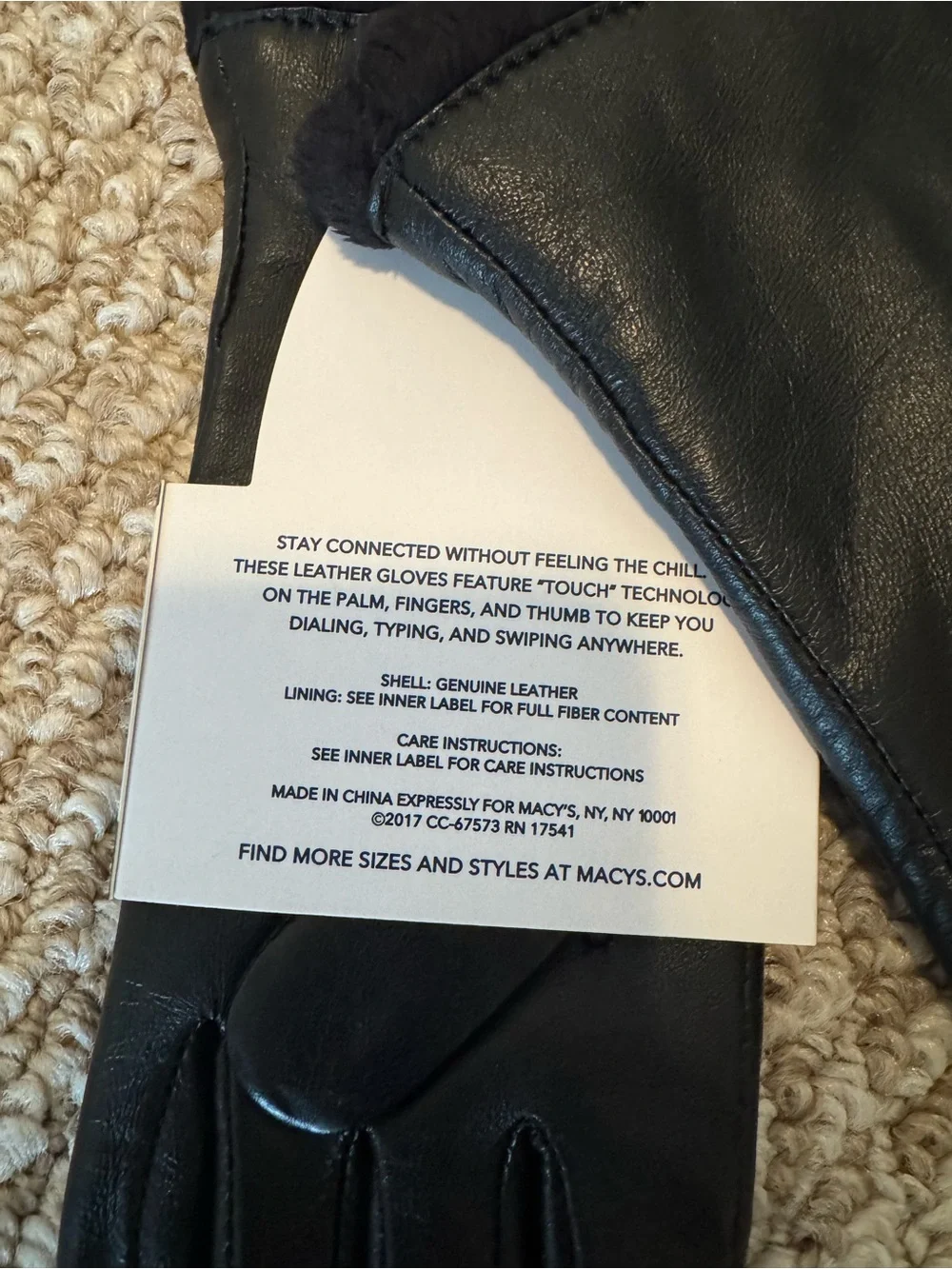 Charter Club Black Leather Gloves with Fur Trim and Touchscreen Tips